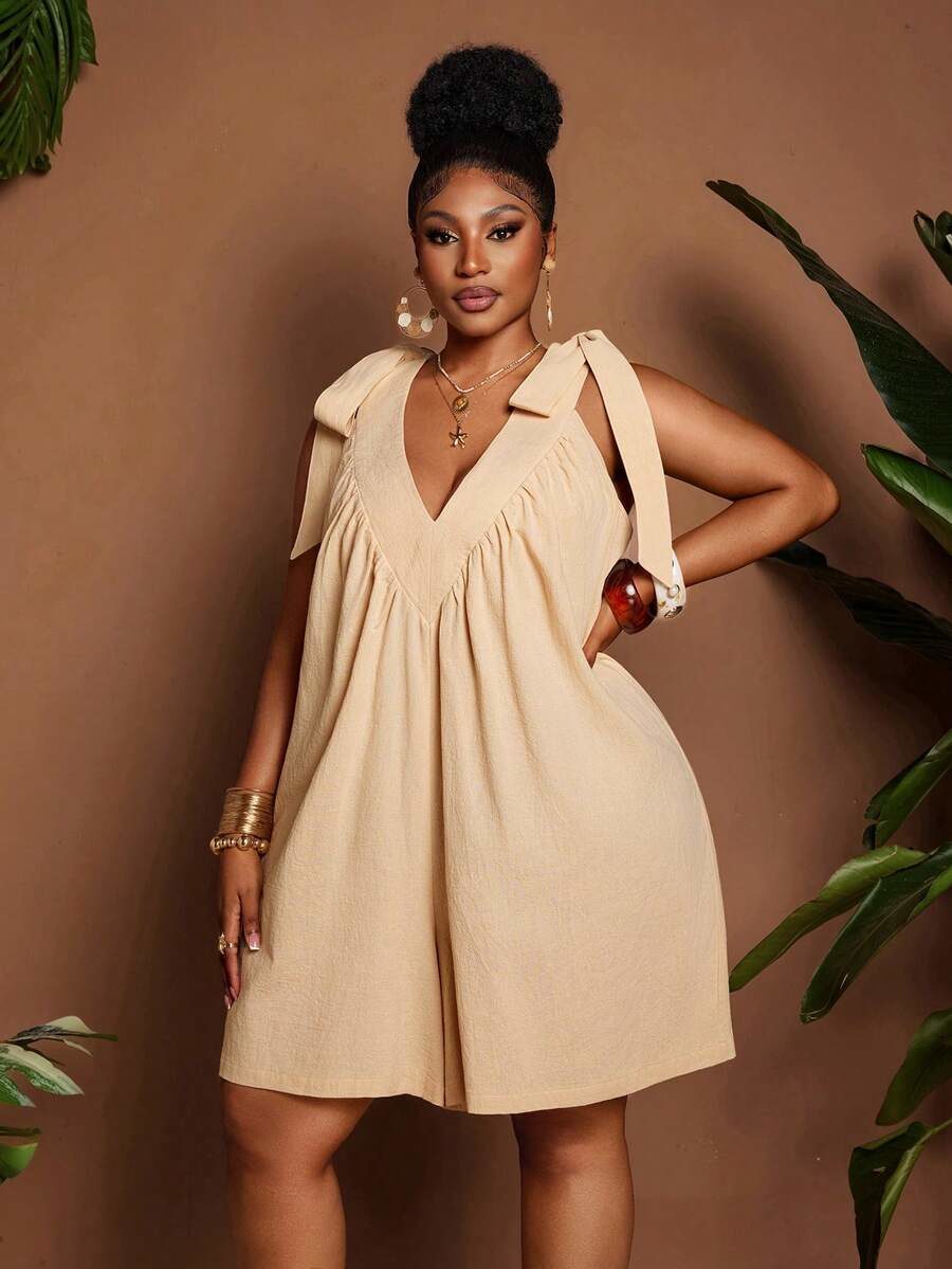 Plus Size Women's Casual Comfortable All Cotton Ruched Deep V Neck Jumpsuit