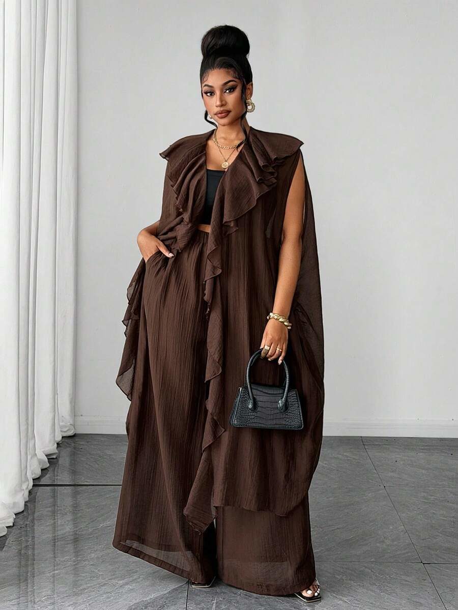 Plus Size Sleeveless Ruffle Collar Long Open Front Casual Elegant 2 Pieces Set
