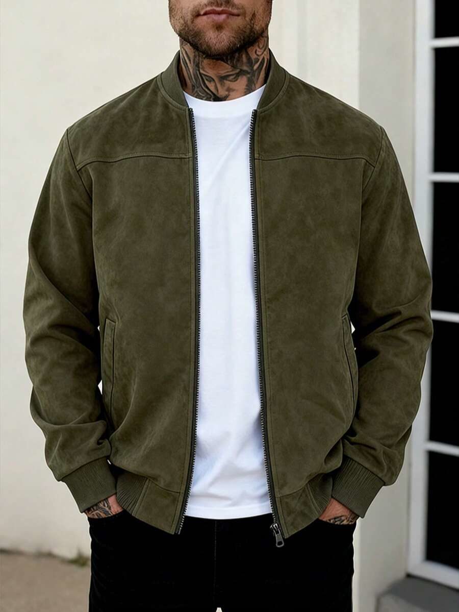 1pc Men's Solid Color Lightweight Suede Flight Jacket
