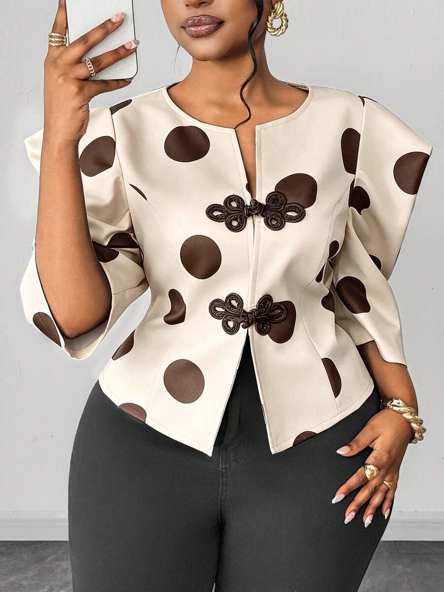 Chinese Vintage Casual Polka Dot Print Plus Size Shirt Fall