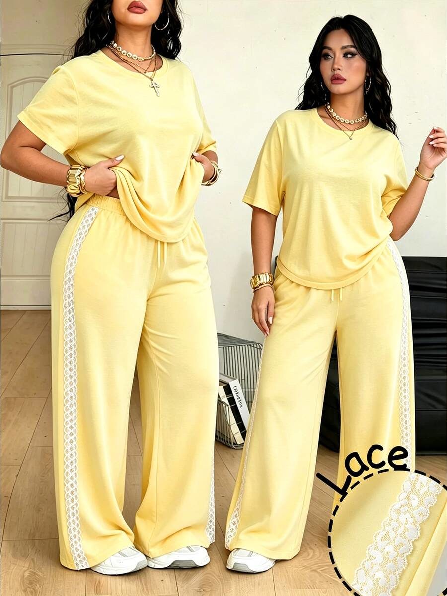Plus Size Women's Short Sleeve T-Shirt And Straight Leg Pants Yellow 2-Piece Set