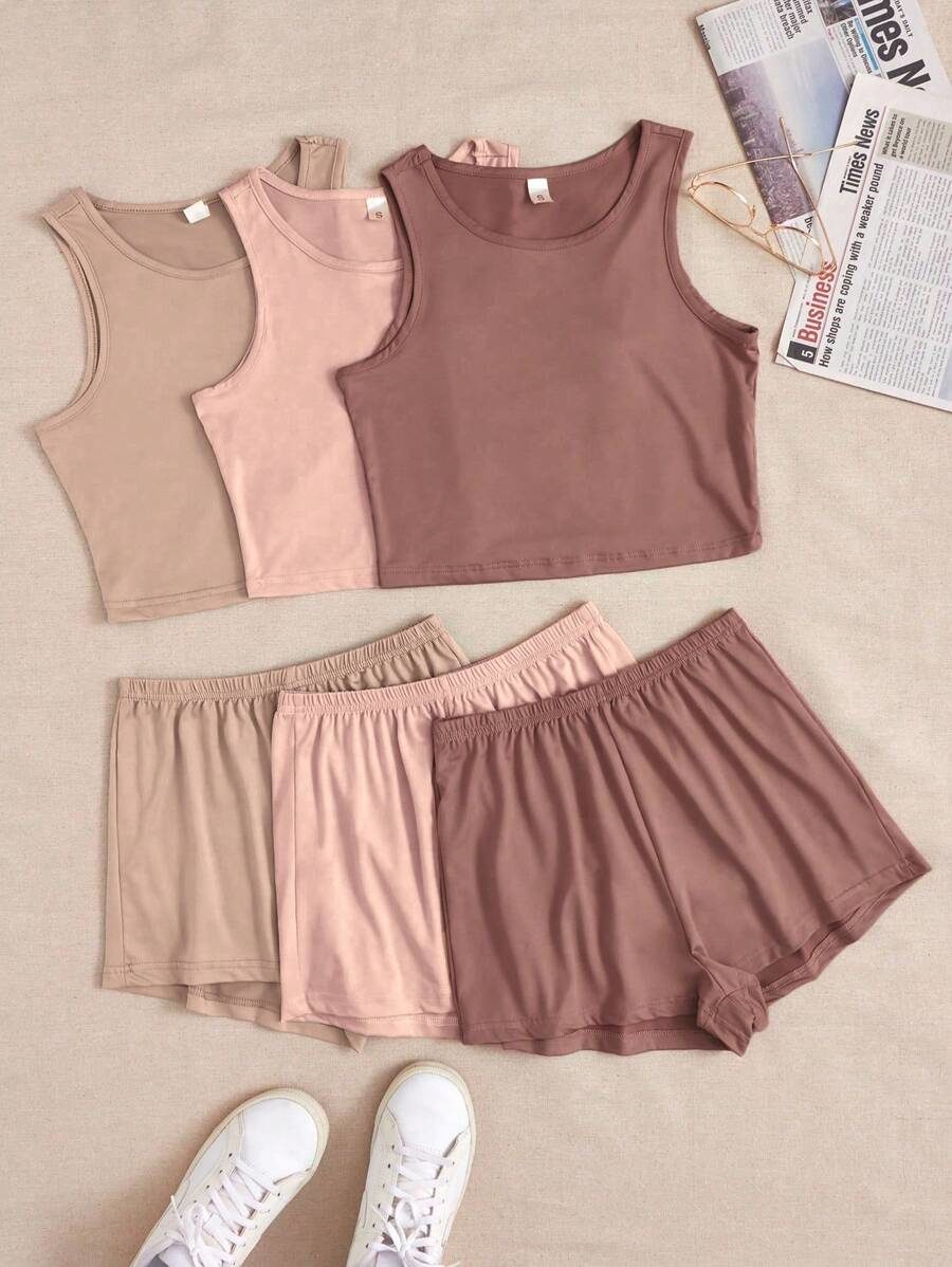 3 Sets Of Solid Color Tank Top And Shorts Home Clothing Suit Outfit