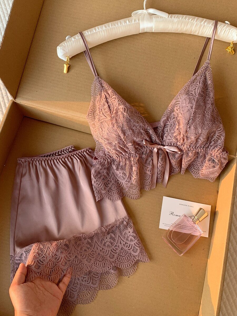 Contrast Lace Trim Cami Top With Shorts PJ Set / Pajama Set