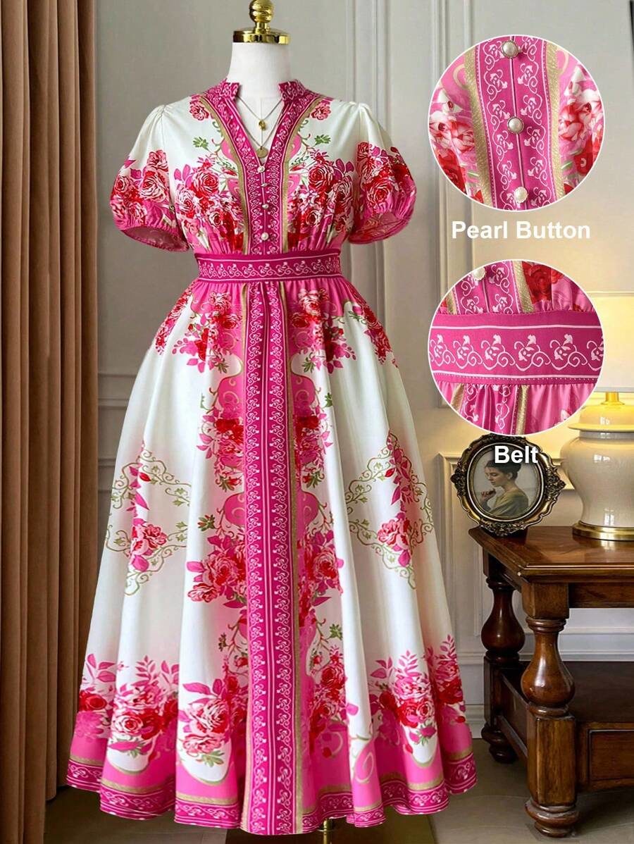 Plus Size Women Floral Print Stand Collar Puff Sleeve Vacation Dress