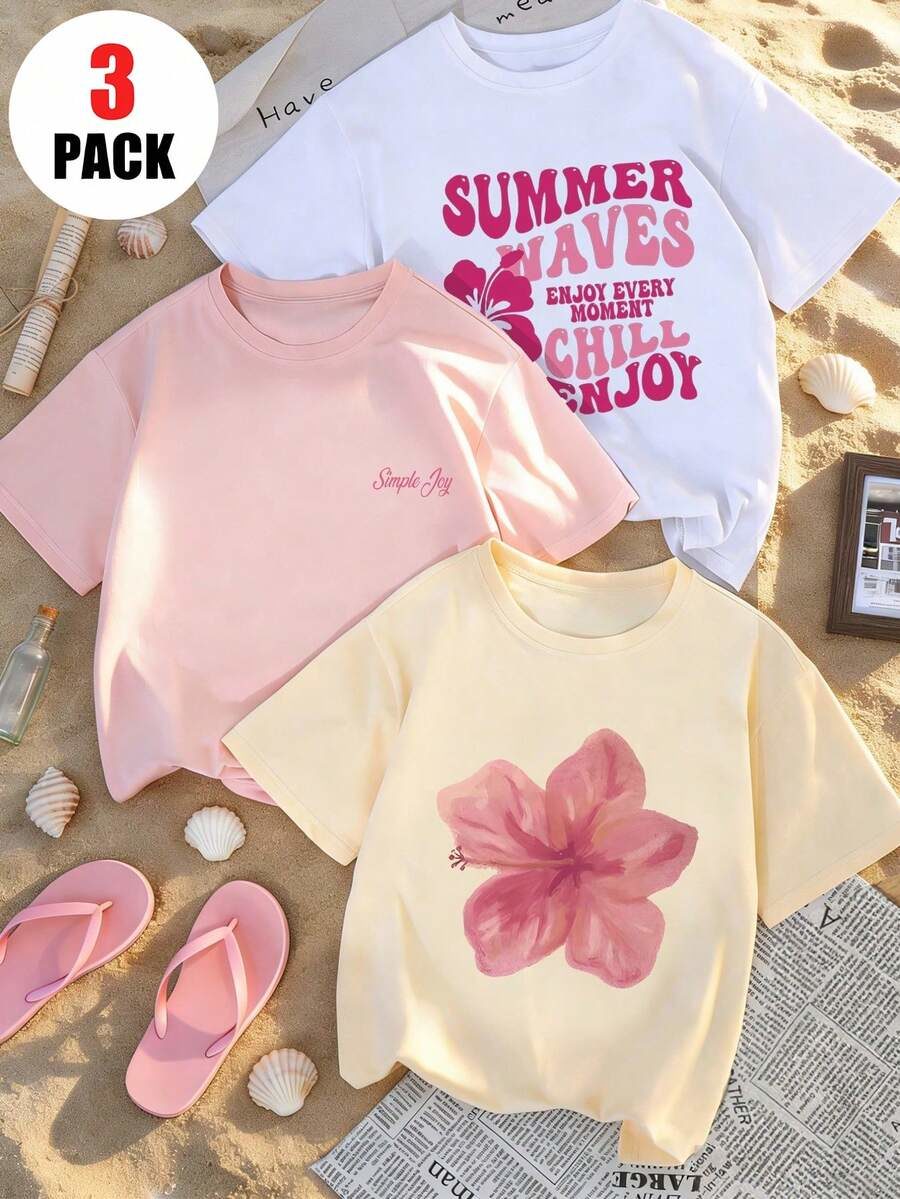 3pcs/Set Tween Girls Summer Short Sleeve T-Shirt Set
