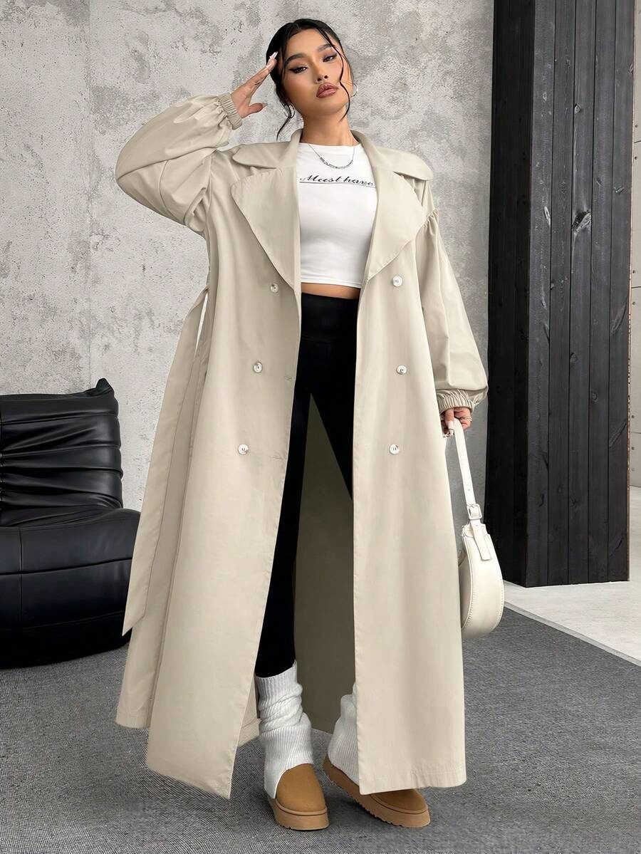 Plus Size Women's Khaki Lapel Long Sleeve Long Windbreaker