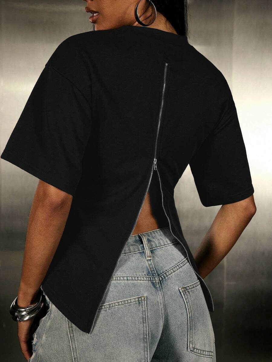 Zipper Detail Top Fashionable Streetwear Everyday Wear Oversized Shirt