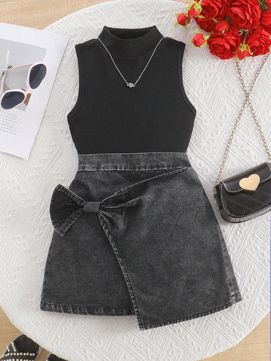 Top With Stand Collar And Asymmetrical Design Black Denim Skirt 2-Piece Set