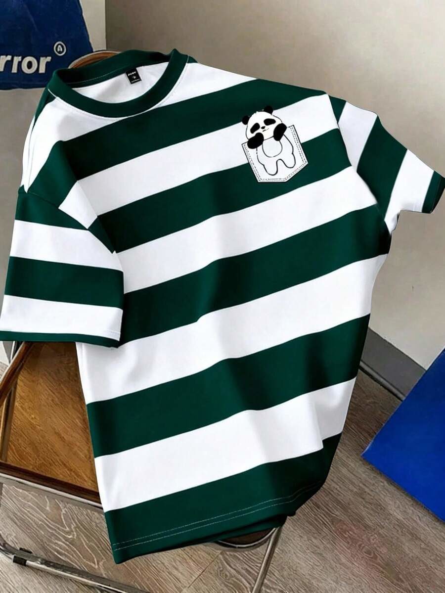 Men's Casual Striped Panda Print Round Neck Short Sleeve T-Shirt