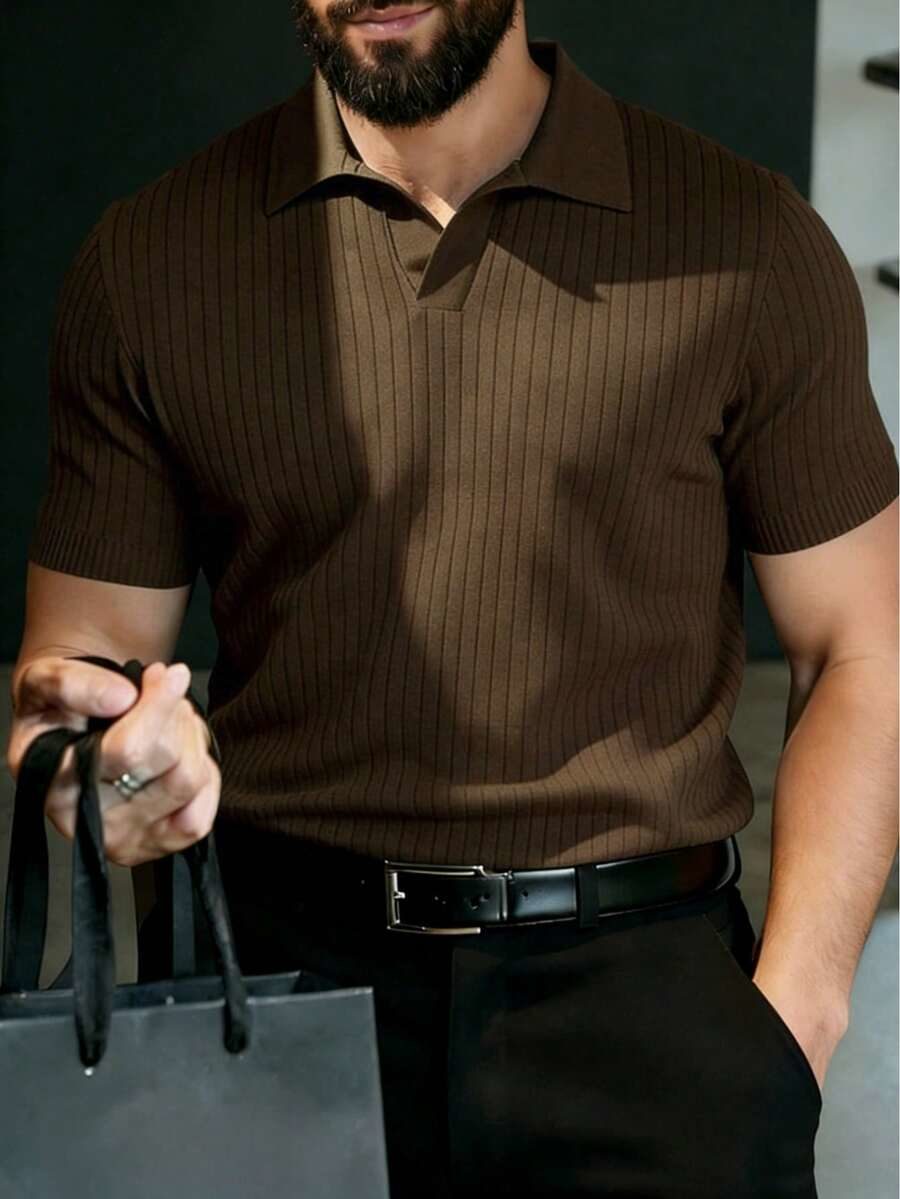 Men's Loose Fit Thin Premium Knit Striped V-Neck Short Sleeve