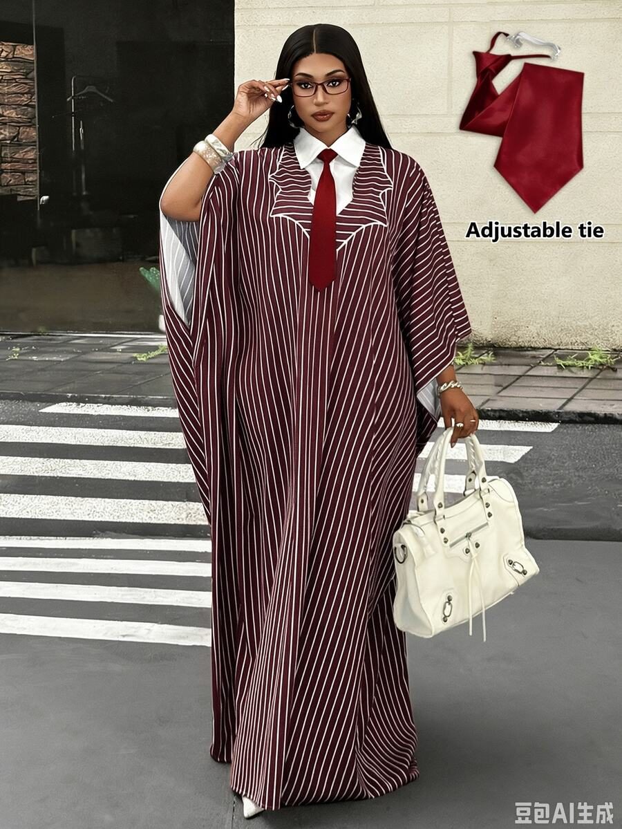 Mid-Length Navy Blue Red Vertical Striped Loose Batwing Sleeve Shirt Dress