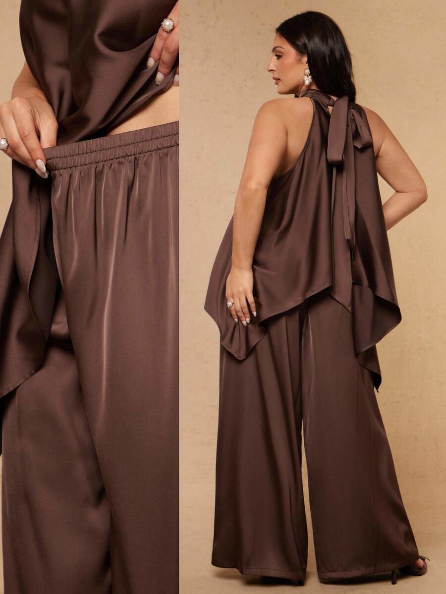 Plus Size Women's Brown Satin 2-Piece Set