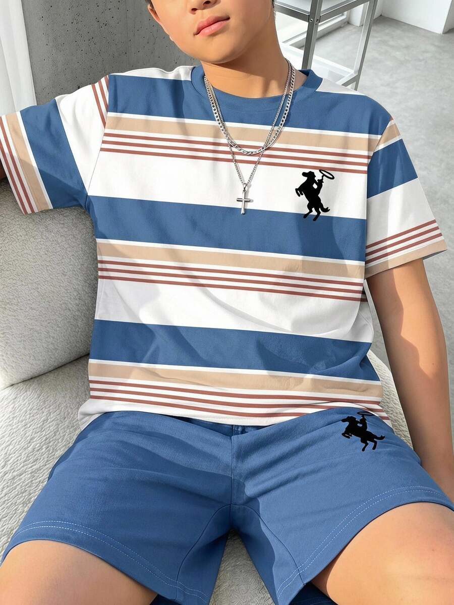 Solid‑Shorts 2‑Piece Outfit With Horse‑Rider‑Graphic Preppy Casual Matching Set