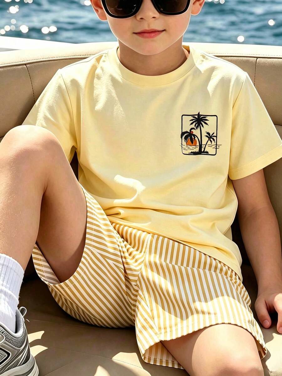 Coconut Tree Print Crew Neck T-Shirt And Multi-Color Stripe Print Shorts Set