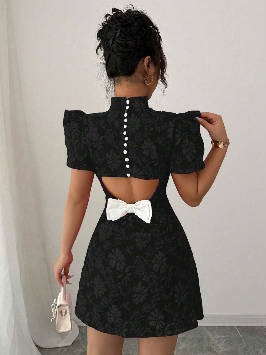 Women's Vintage Red Textured Fabric Puff Sleeve Elegant High Neck Backless Bow Contrast Color Cutout Waist Design Slim Fit Mini Dress