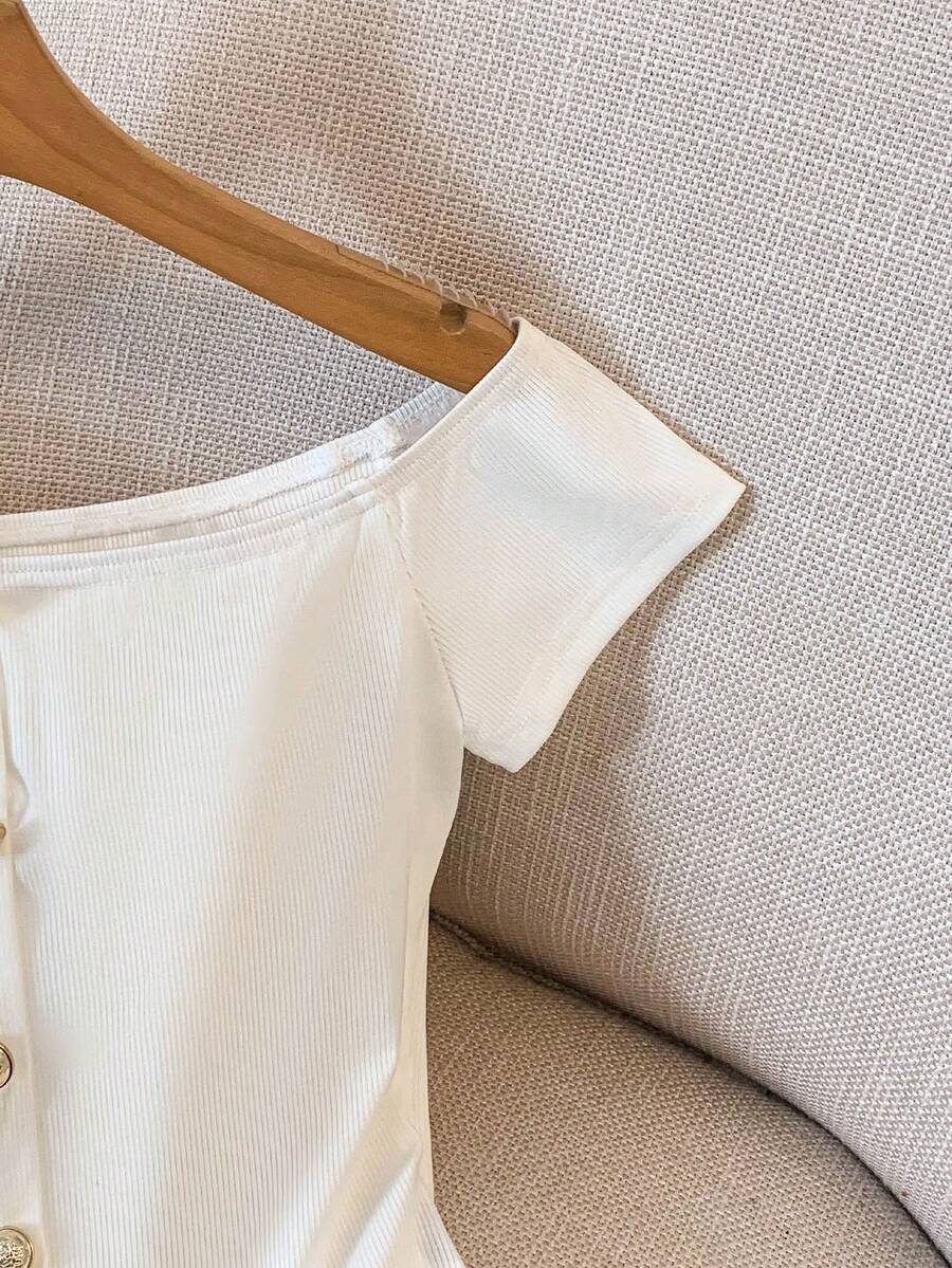 White Ribbed Off-Shoulder Faux Placket Button Elegant Top For Women