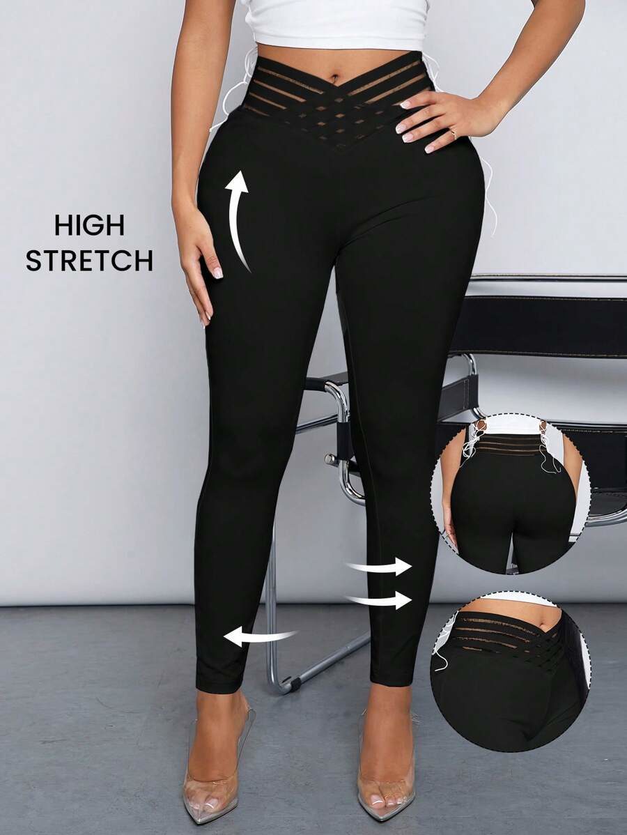 Minimalist Old Money Simple Women's Striped Hollow Out Patchwork Skinny Leggings
