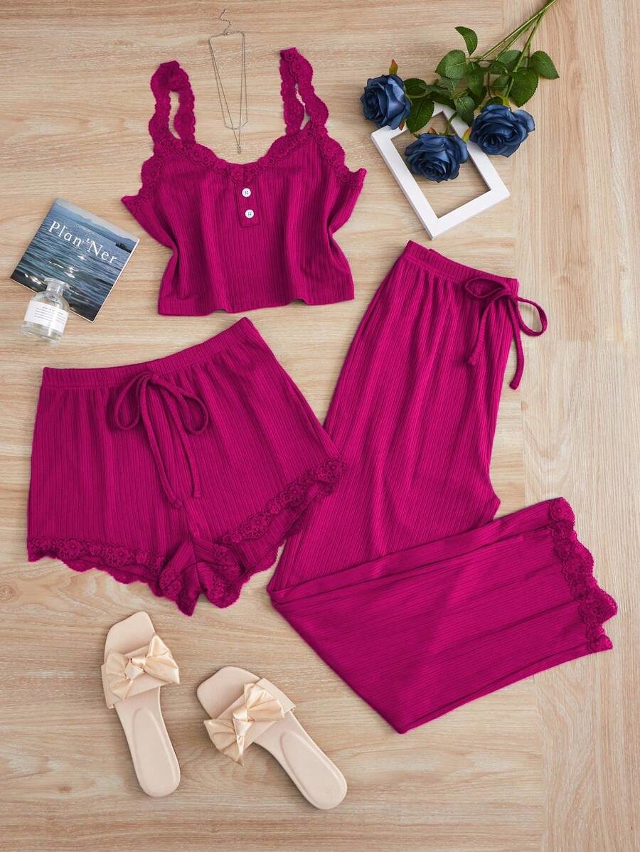 Lace Cami Top & Shorts & Pants Casual Sleepwear Set Pajama Set Lounge Set
