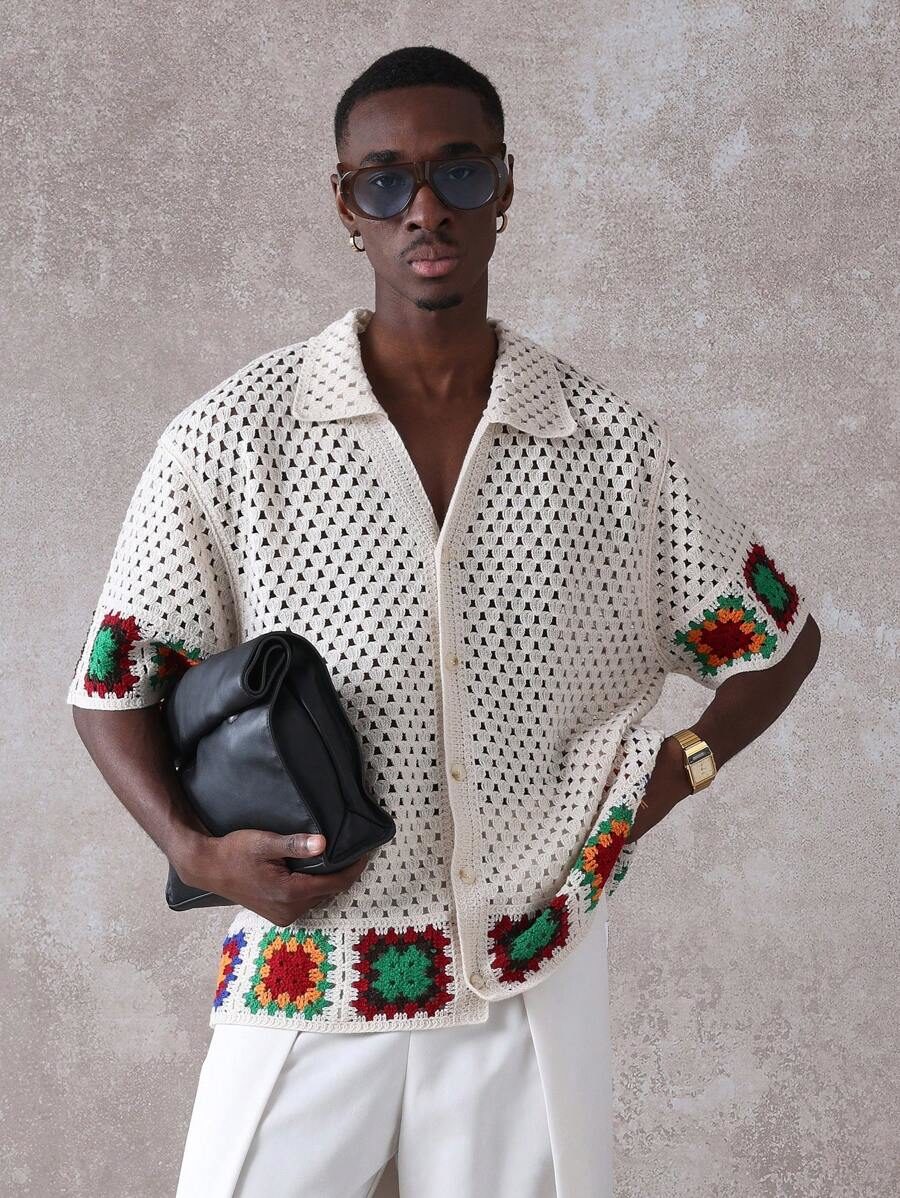 Knit Short Sleeve Casual Designer Granny Square Pattern Collared Lattice Top