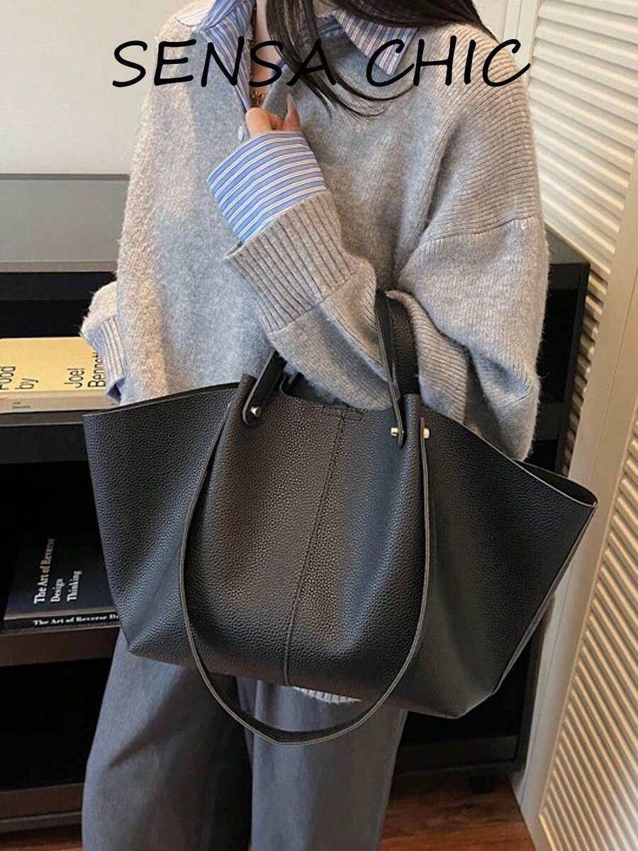 Minimalist Divided Tote Bag, Dual Handles With Additional Long Shoulder Strap