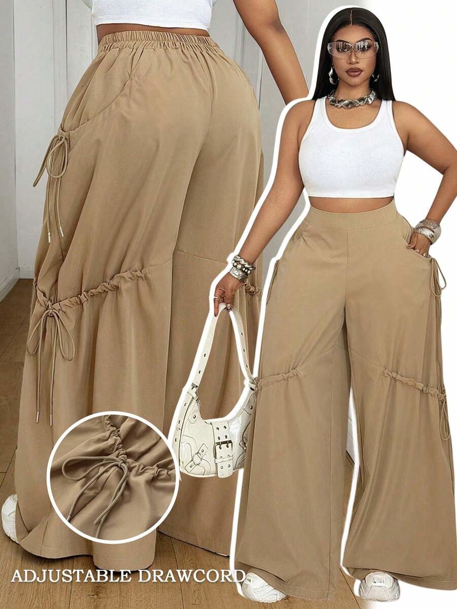 Plus Size Khaki High Waist Multi-Drawstring Cargo Wide Leg Pants