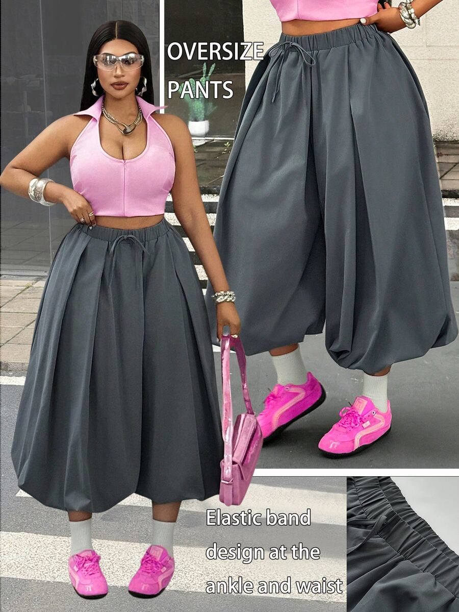 Essential Loose Vintage Romantic Commute Premium Grey Plus Size Women Pants