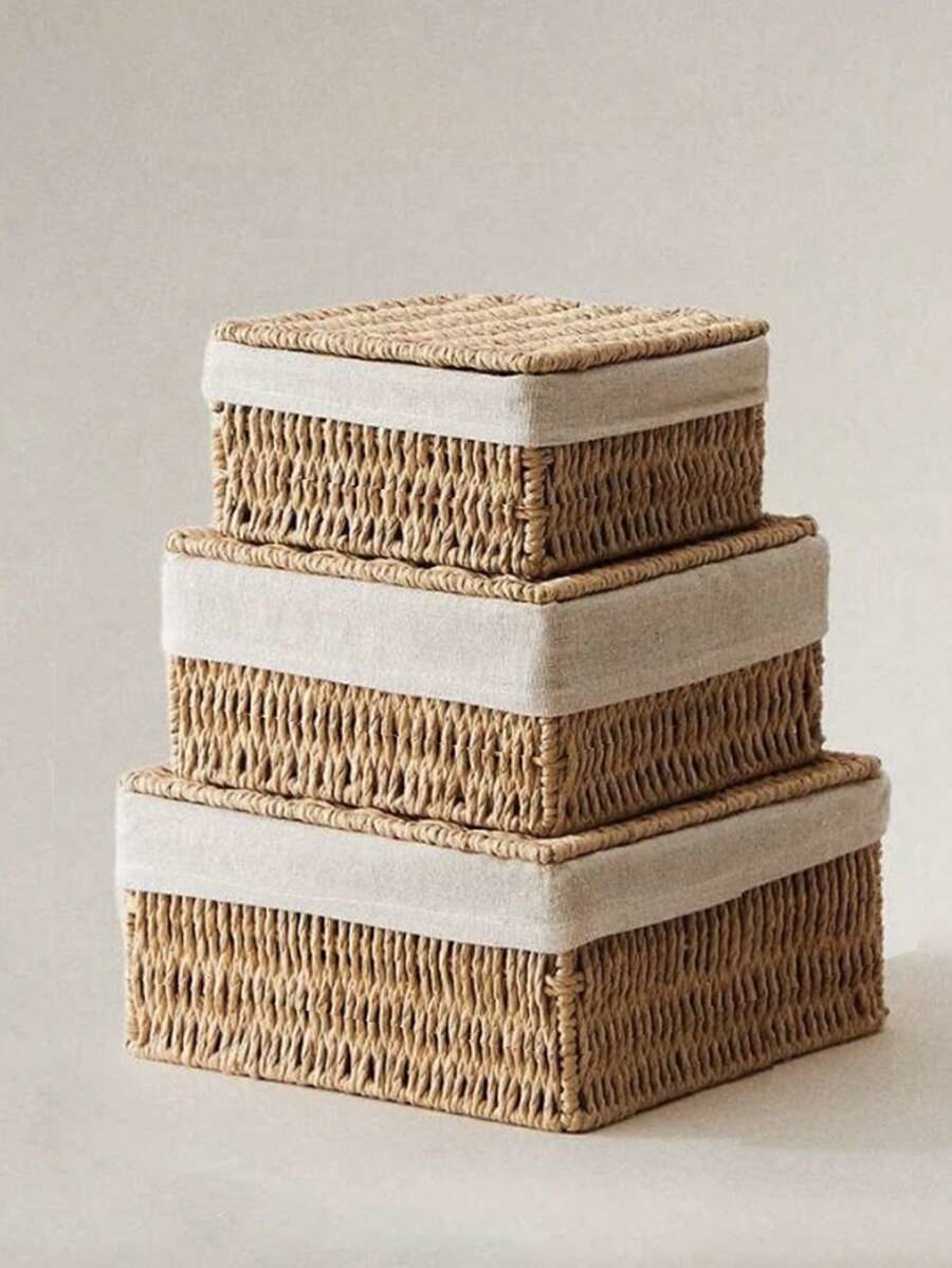 3pcs/Set(S+M+L)/1pc Bohemian Style Handmade Woven Storage Basket Set With Lid