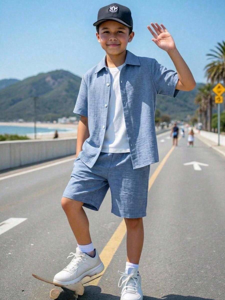 Color Single-Breasted Short Sleeve Shirt And Shorts Casual Daily 2 Pieces Set