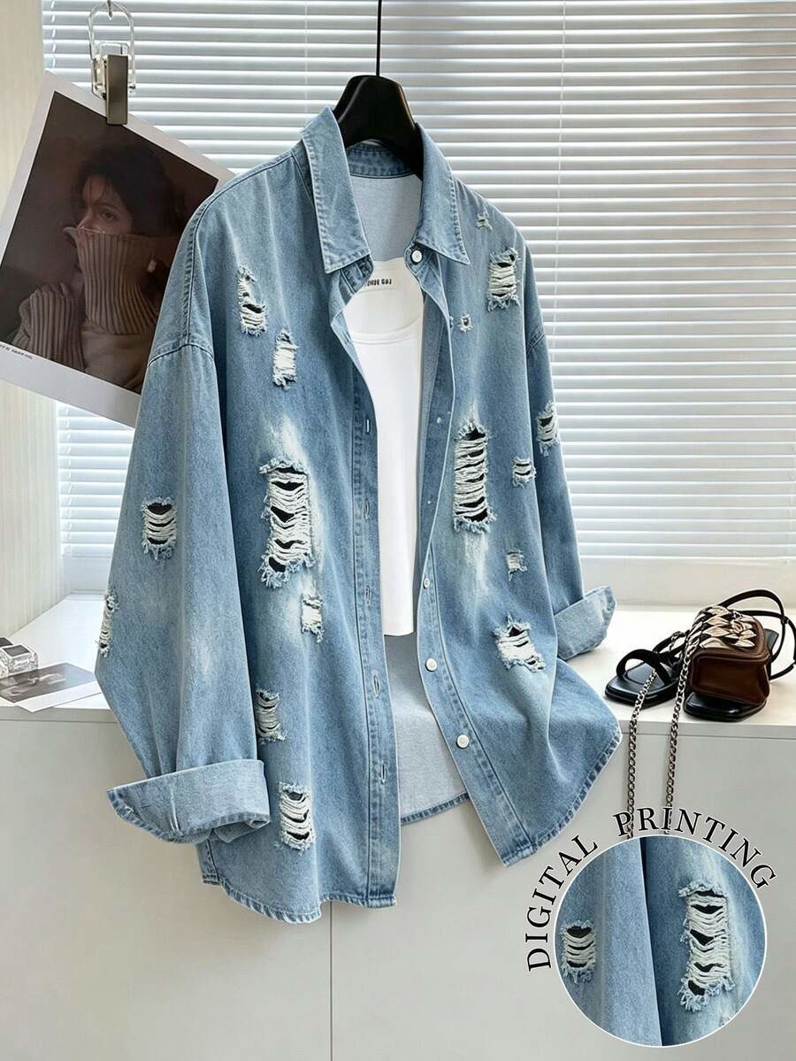Women's Plus Size Fashion Denim Effect Print Long Sleeve Single-Breasted Shirt