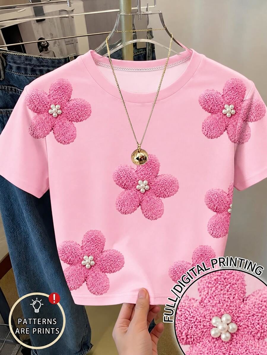 Tween Girls' Pink Cute School Digital Floral Print Cropped Short Sleeve T-Shirt