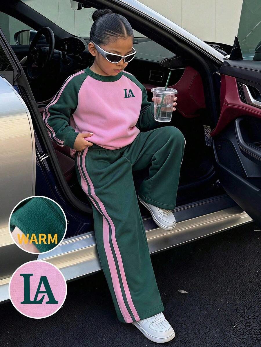Tween Girls Color Block Letter Print Crew Neck Sweatshirt And Sweatpants