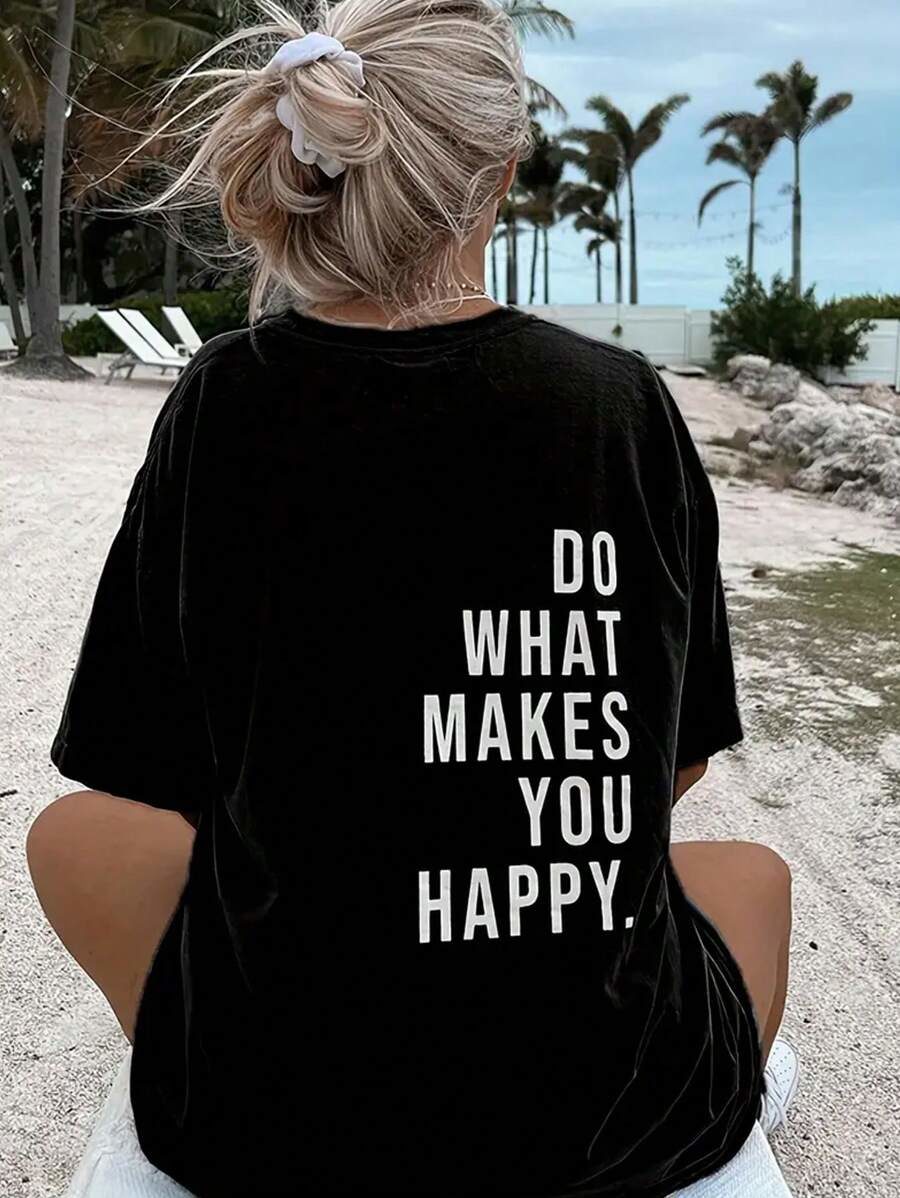 Plus Size Women's Slogan Print Round Neck Short Sleeve Casual T-Shirt