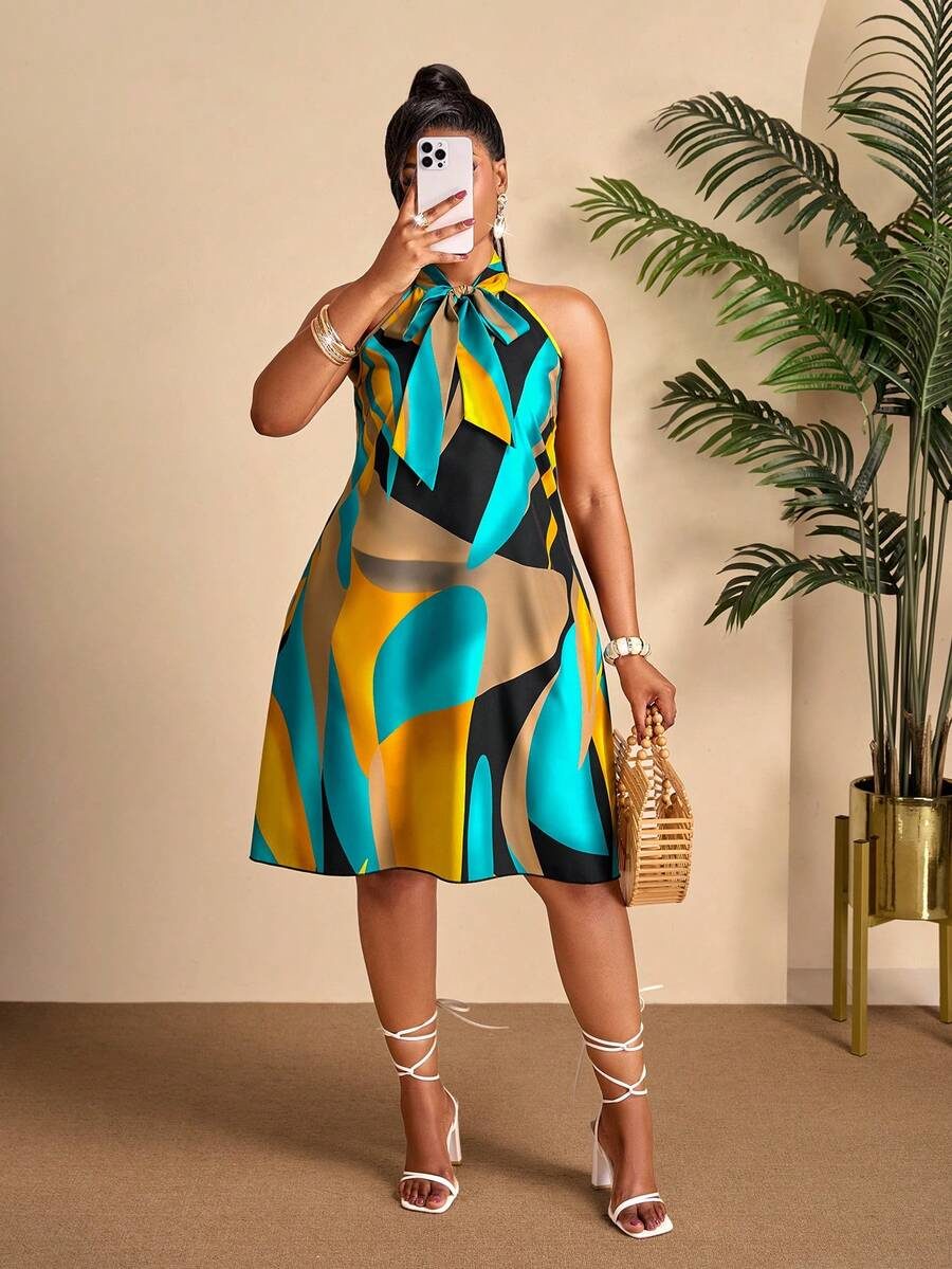 Plus Size Women's Green Abstract Print Spaghetti Strap Tie Front Sleeveless Knee Length Summer Vacation Dress Elegant