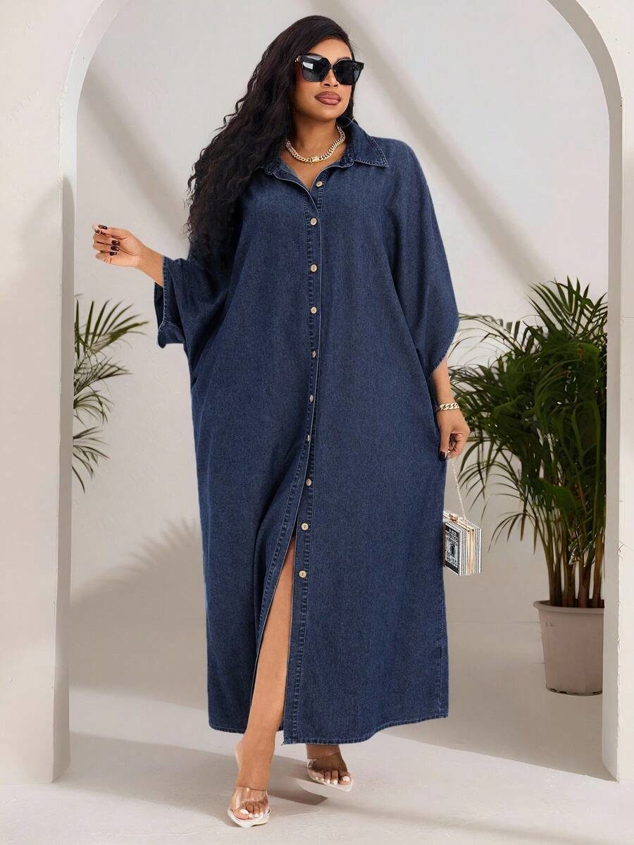 Plus Size Women's Casual Loose Batwing Sleeve Single-Breasted Long Denim Dress