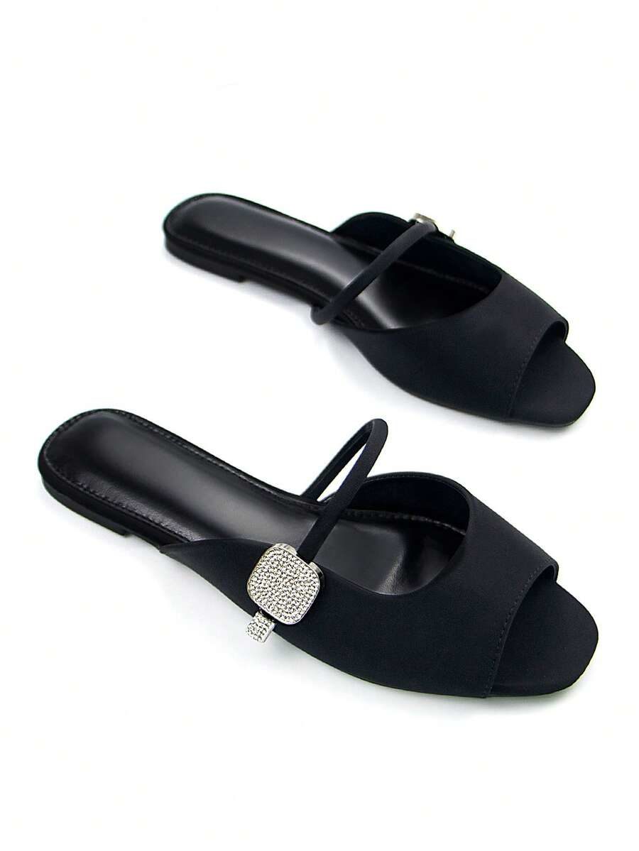 Women's Elegant Silver Crystal Embellished Ankle Strap Open Toe Flat Mule Sandals
