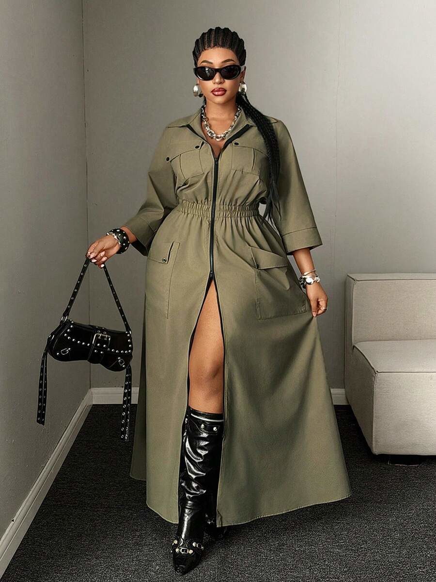 Plus Size Army Green Cinched Waist Double Zipper Cargo Pocket Shirt Dress