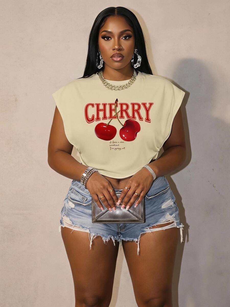 Red Cherry Letter Graphic Round Neck Short Sleeve Loose Cropped T-Shirt