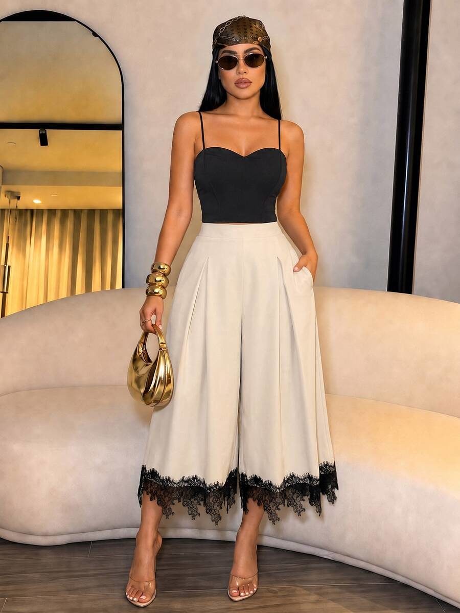 Women's High-Waisted Pleated Culotte Skort Pants With Contrast Lace Trim