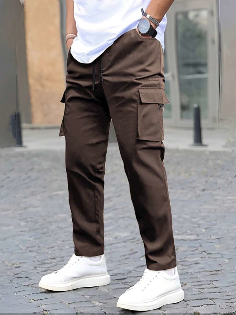 Men's Casual Solid Color Brown Drawstring Waist Cargo Pockets Pants