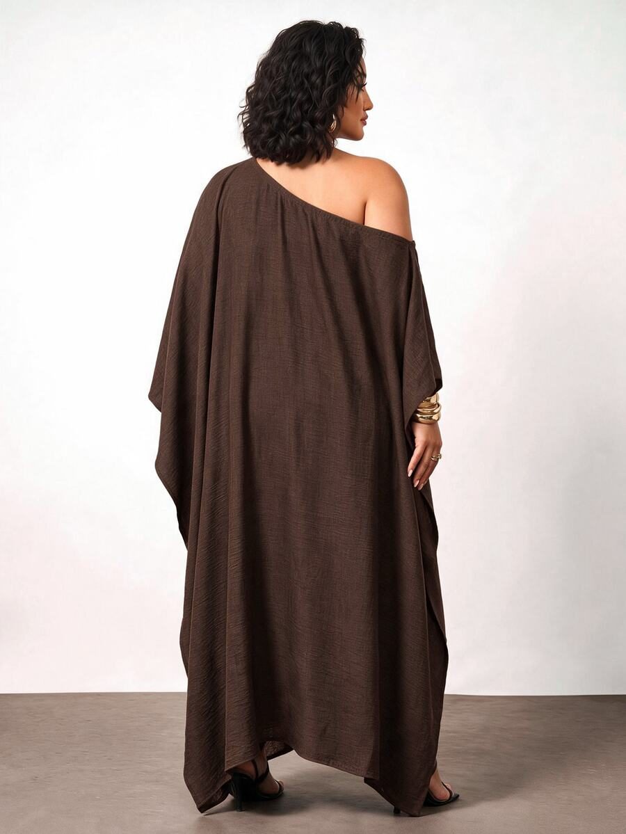 Plus-Size Brown One-Shoulder Draped Shawl Top And Wide-Leg Jumpsuit Fall