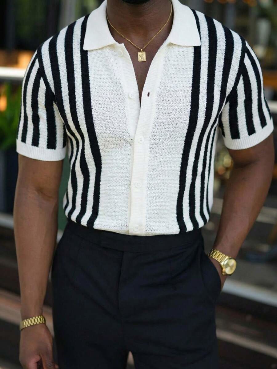 Men's Casual Loose Minimalist Contrast Vertical Striped Retro Versatile Business Commute Elegant Premium Lightweight Slightly Sheer POLO Collar Button-Up Cardigan Knit Short Sleeve Thin Cardigan Sweater