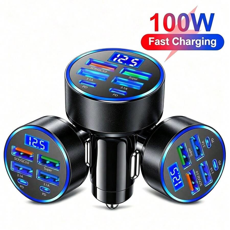 1pc 100W 6-Port Car Charger With Digital Voltage Display