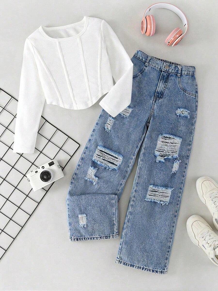 Casual Street Style White Long Sleeve T-Shirt And Blue Distressed Denim Jeans