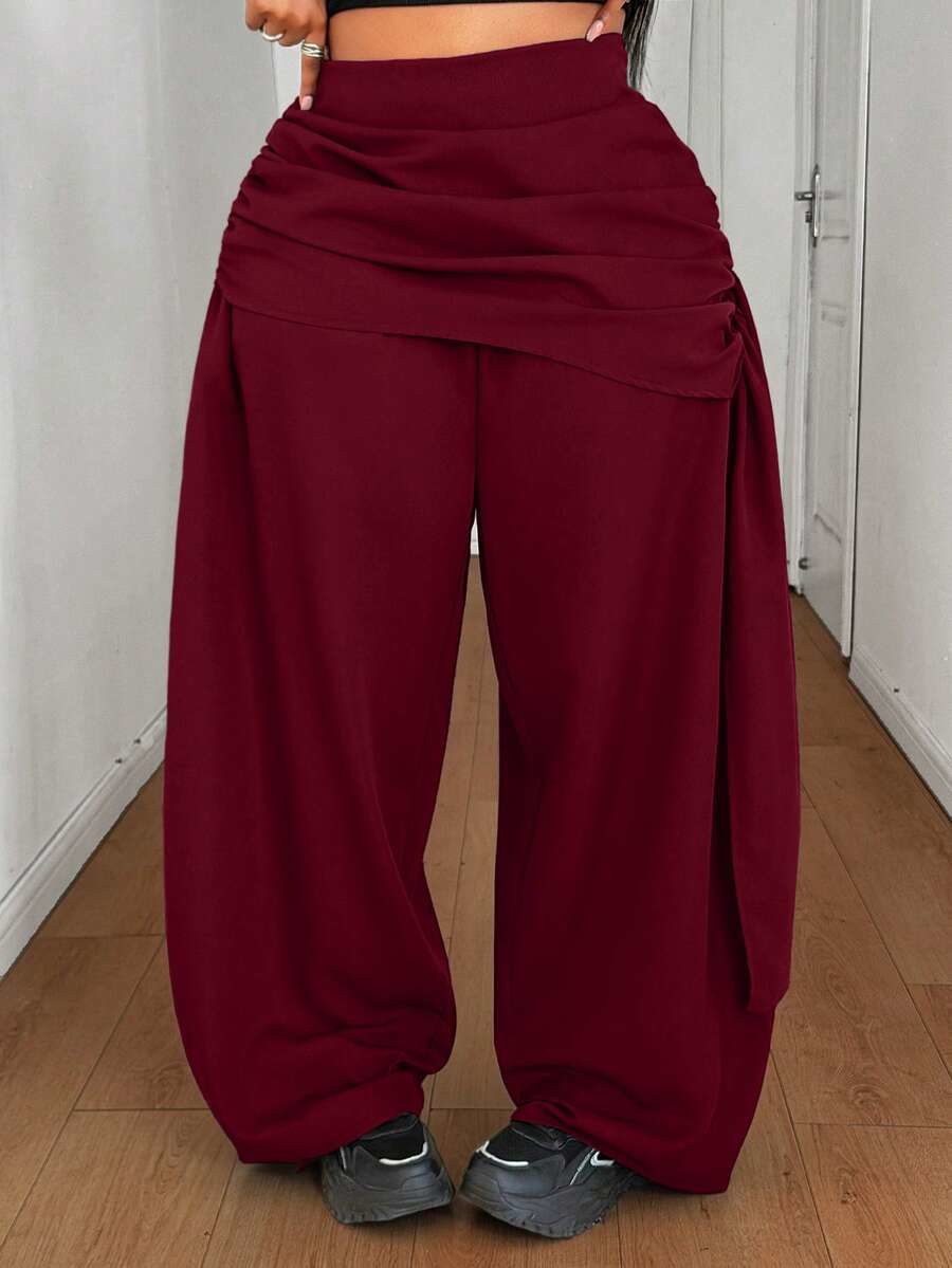 Women's Plus Size Vacation Ruched Waist Patchwork High Waist Wide Leg Pants Fall