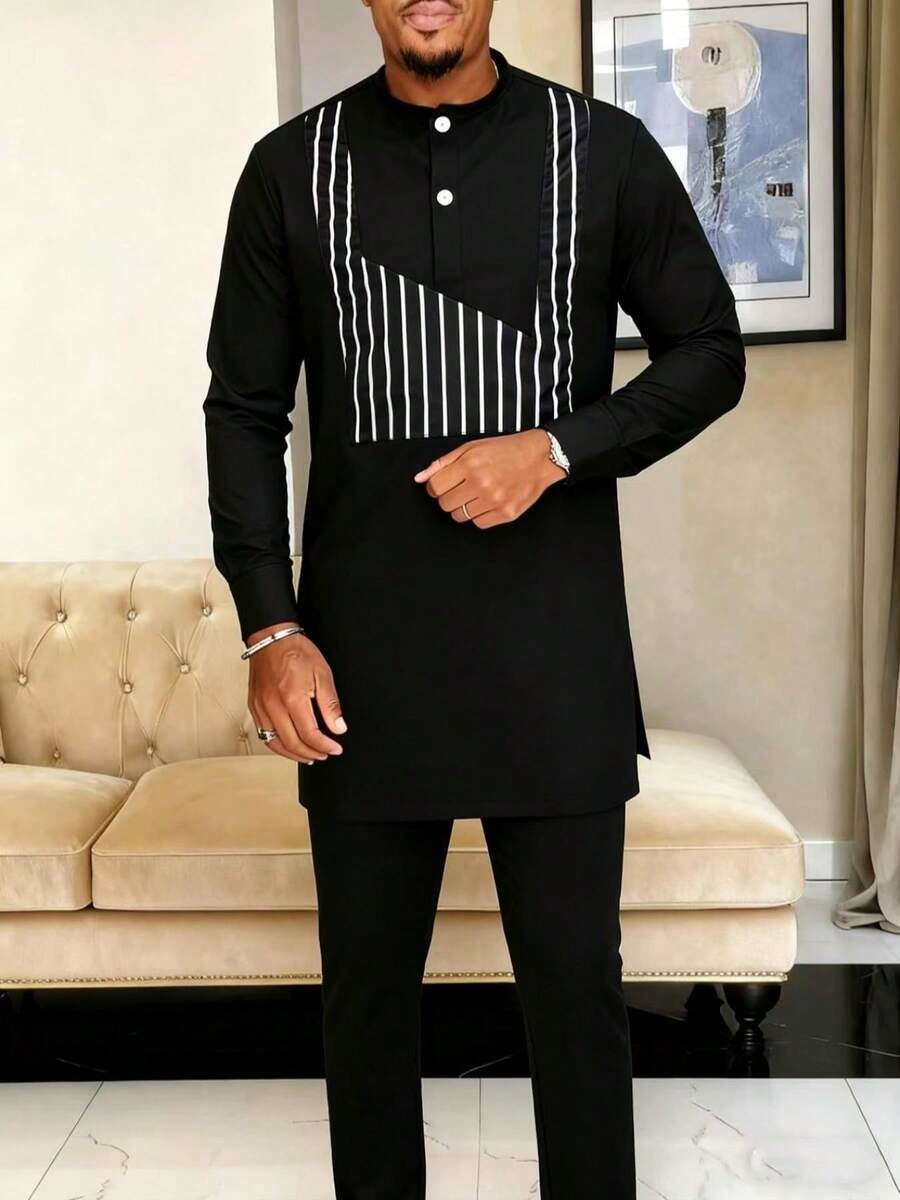 2pcs/Set Men's African Traditional Outfit Includes Men's Pants And Striped Shirt