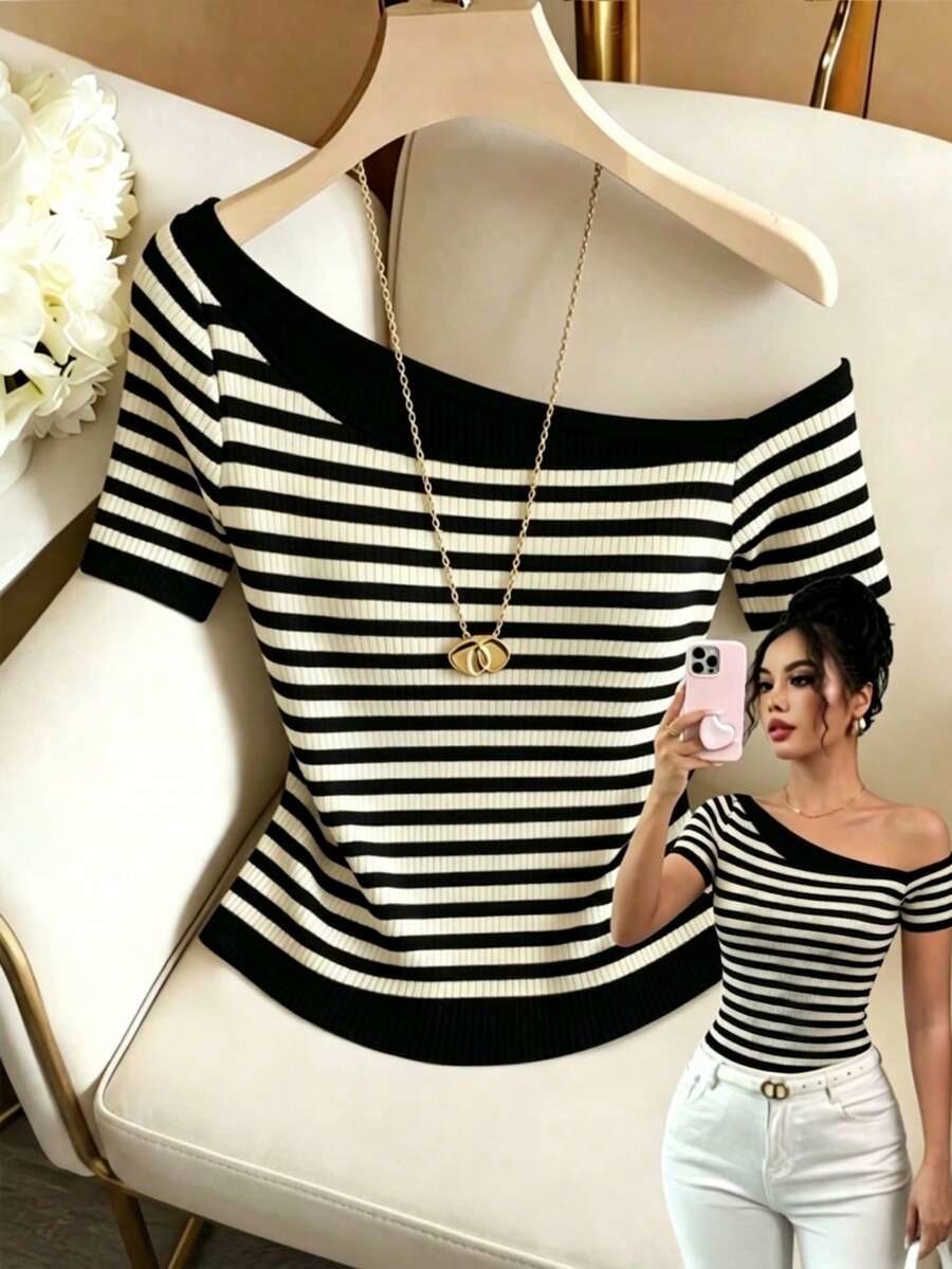Women's Summer Casual Striped Asymmetric Collar T-Shirt