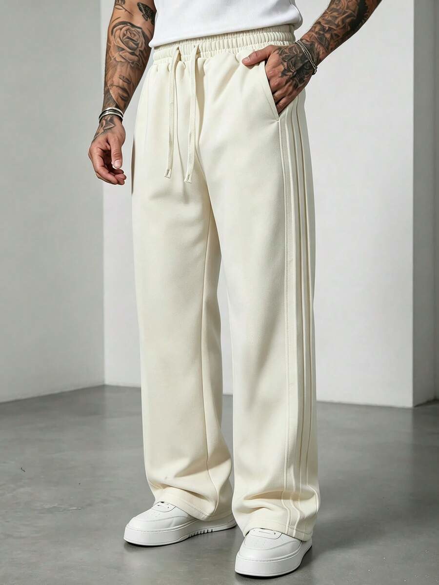 Men's Solid Color Drawstring Waist Pocket Old Money Style Wide Leg Long Pants