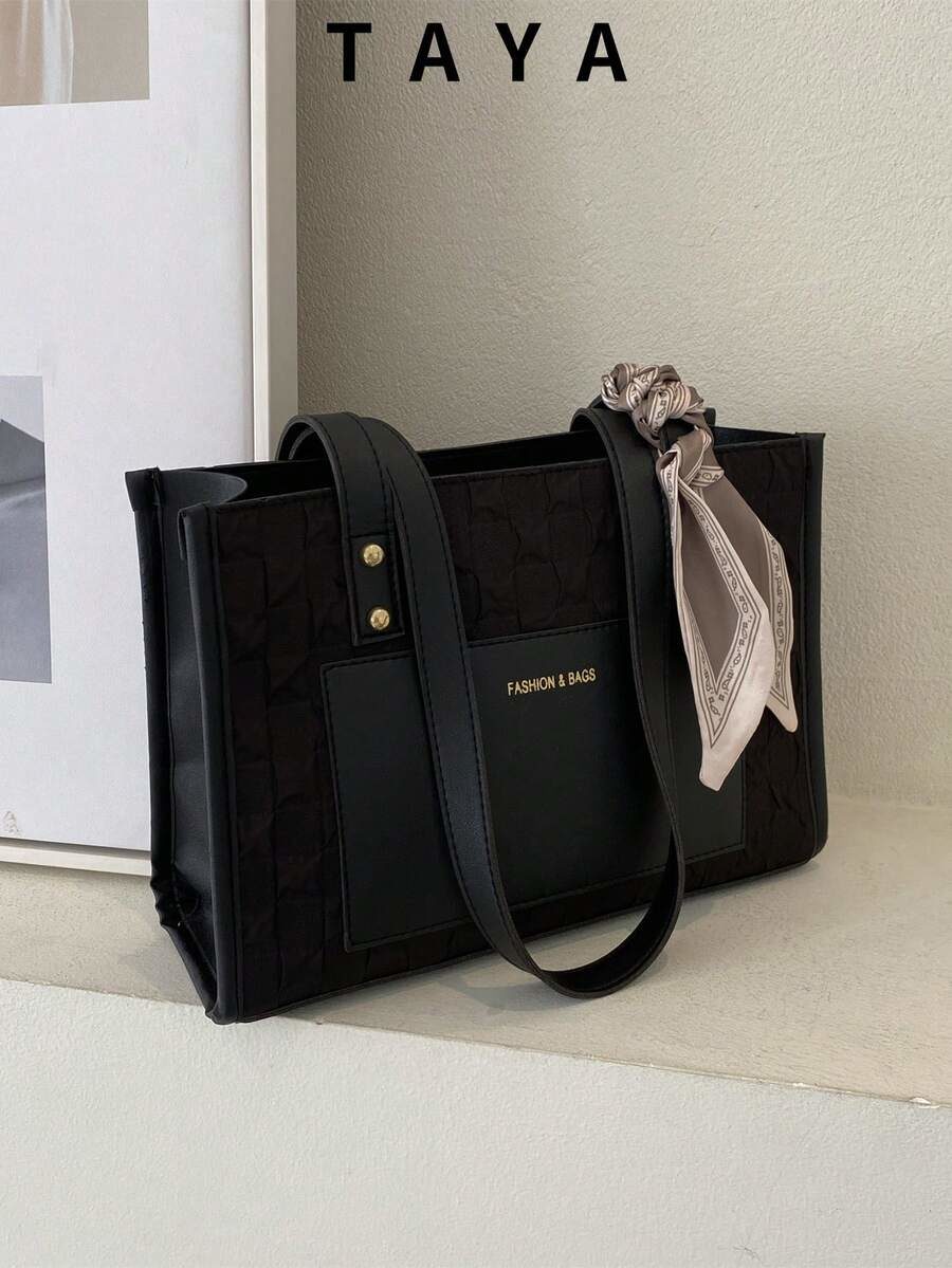 Business Casual Letter Detail Skinny Scarf Square Bag