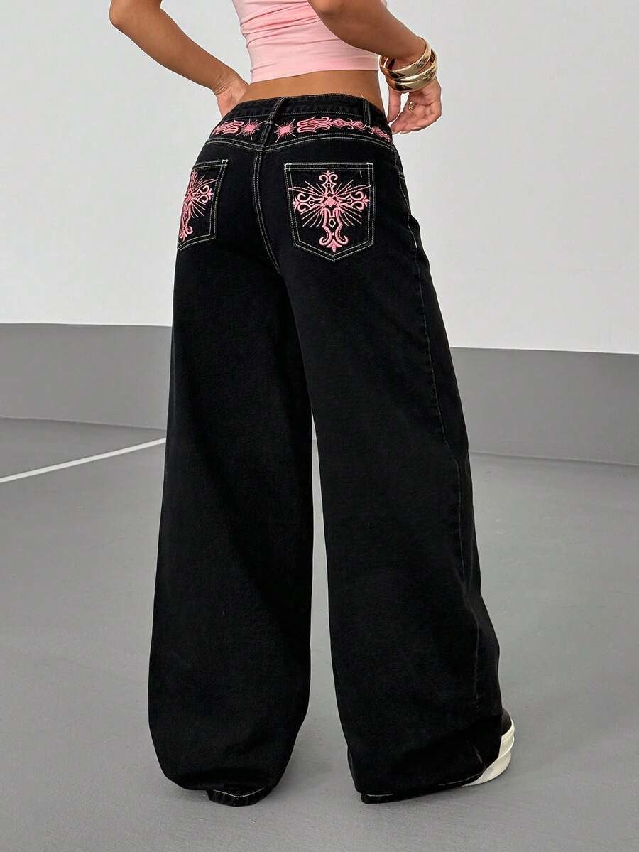 Jeanoix Plus Size Cross Embroidered High Waist Wide Leg Jeans