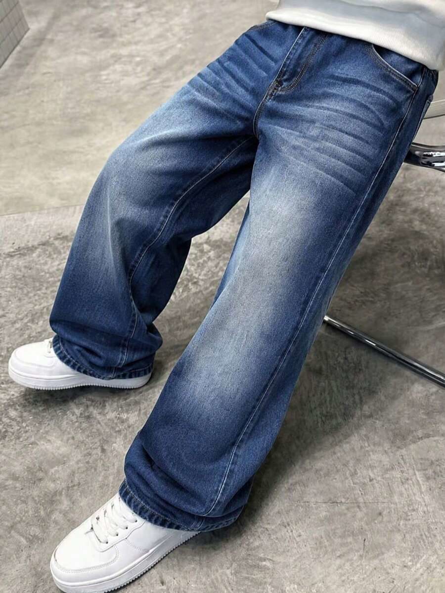 Tween Boy Straight Leg Casual Elastic Waist All-Season Denim Jeans